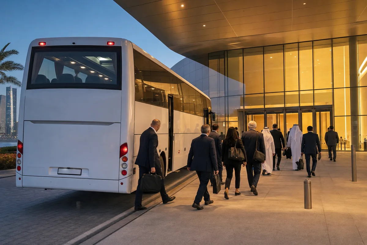 Delegates stepping off a coach at a conference centre entrance in Doha